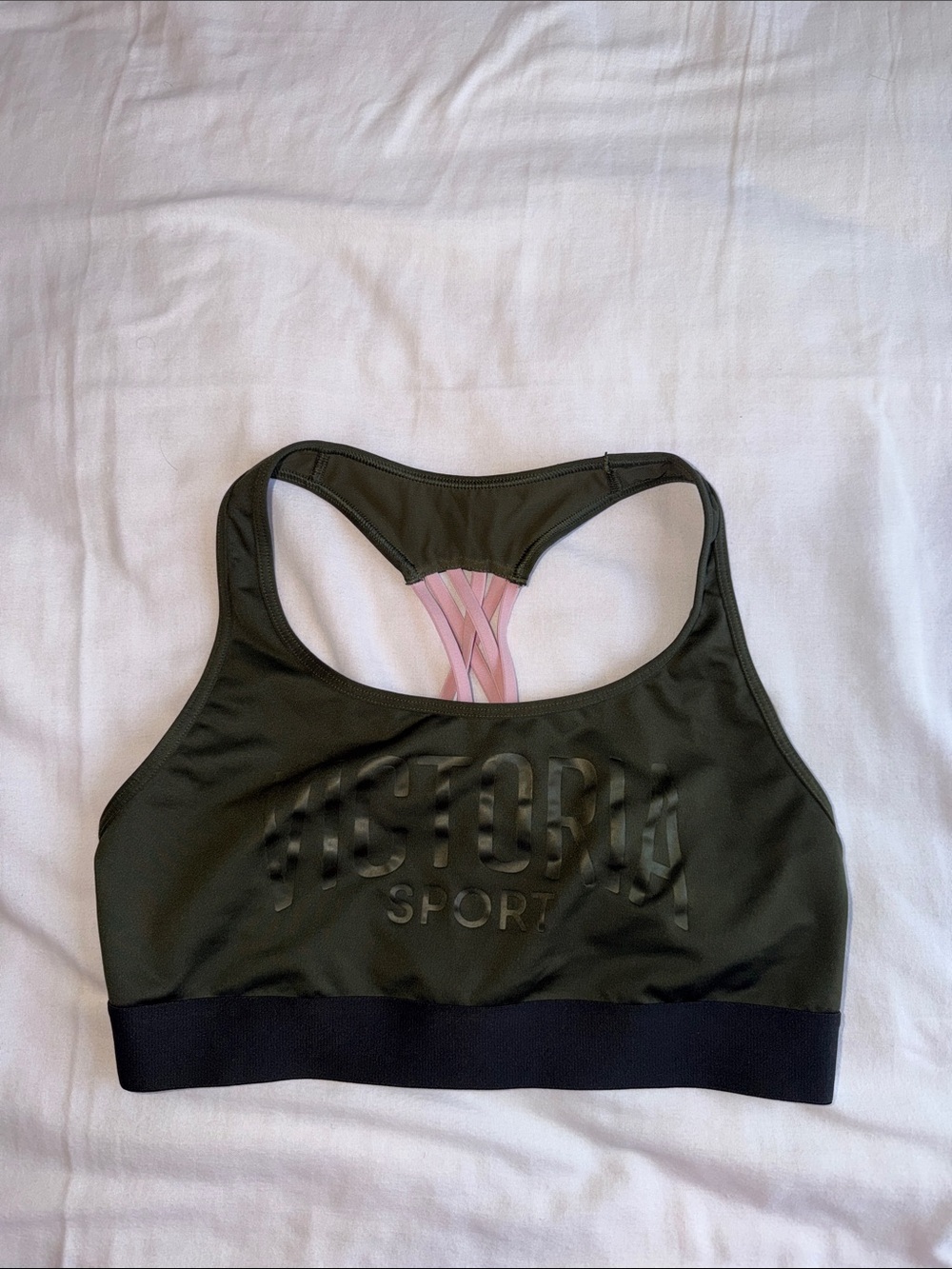Victoria's Secret Olive Green Sports Bra with Pink Straps